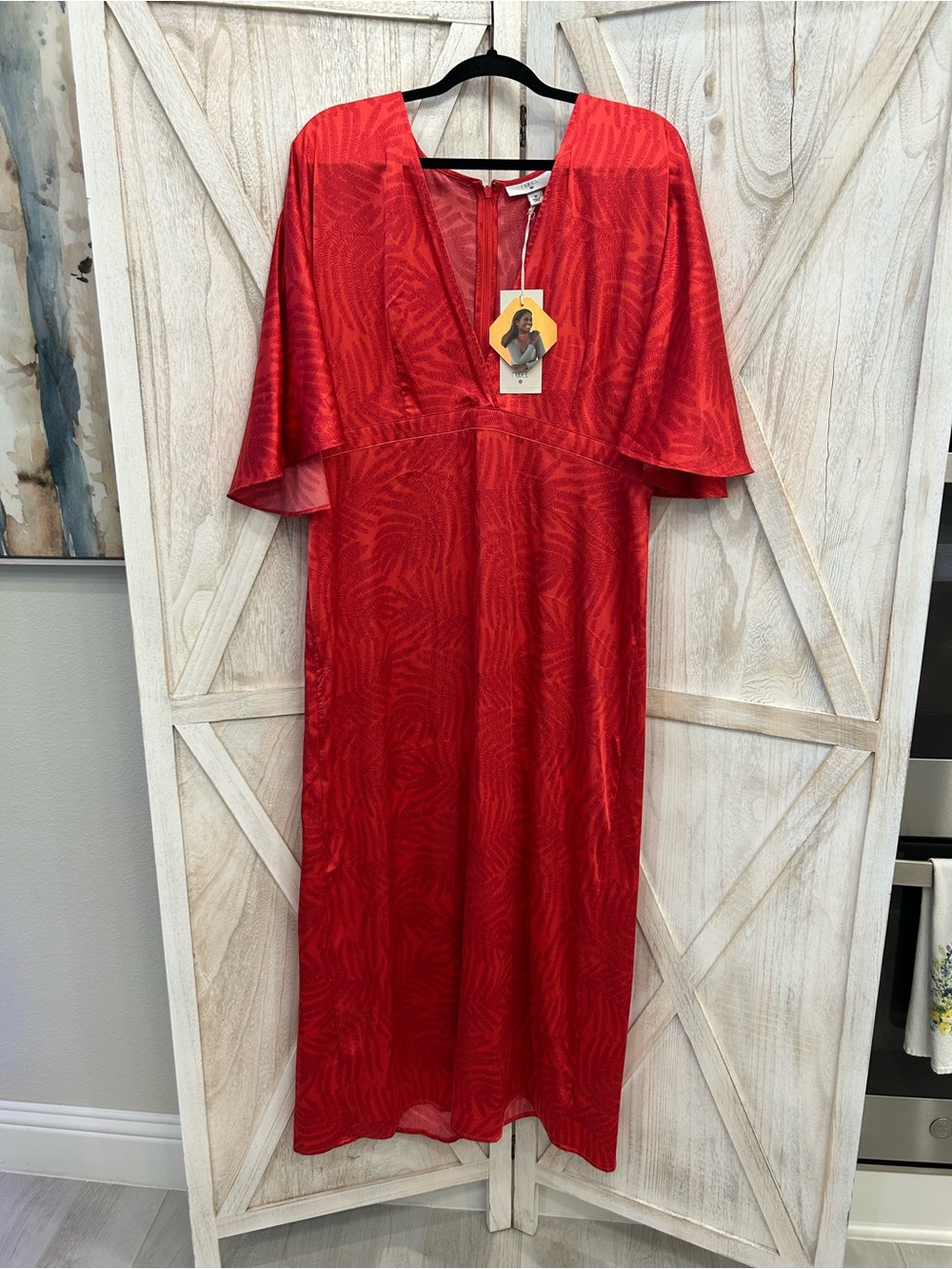 Fe Noel Red V-Neck Maxi Dress with Flutter Sleeves